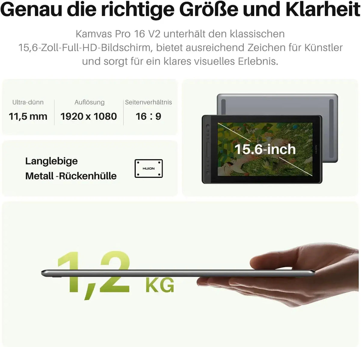 HUION Kamvas Pro 16 V2 Drawing Tablet with Screen 16K Levels PenTech 4.0 Battery-Free Pen, 15.6" Full-Laminated, Smart Touch Bar