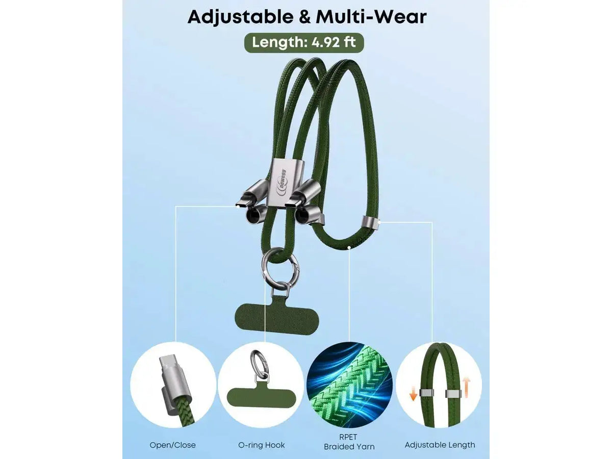 Newegg NEC11 2-in-1 Phone Lanyard Charger Cable, Adjustable Crossbody Neck Phone Strap Anti-Drop Hands-Free Phone Lanyard, 60W USB-C to USB-C Fast Charging Cord 4.92FT, Universal for iPhone Samsung