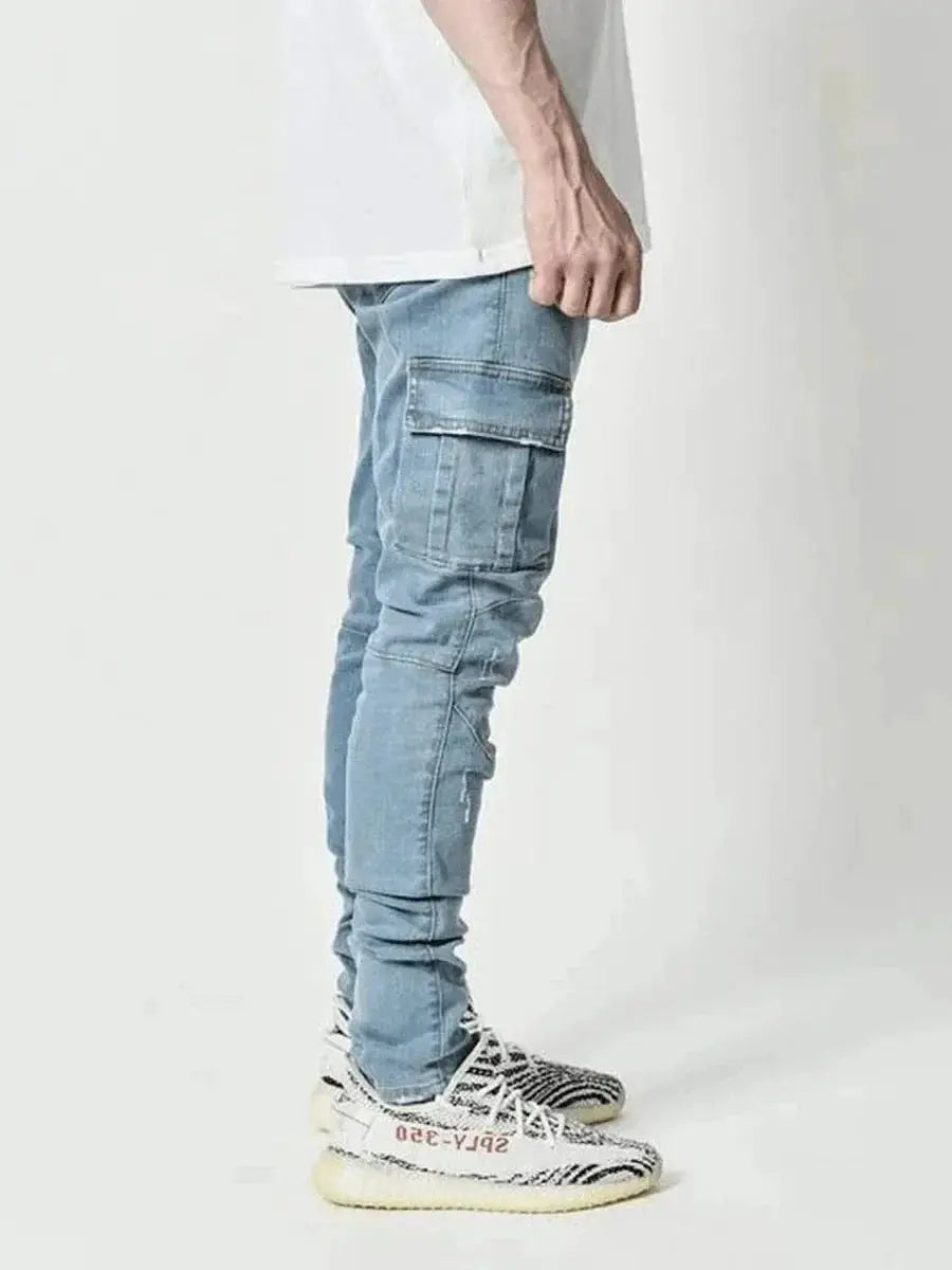 Street Elastic Jeans Men Denim Cargo Pants With Pockets