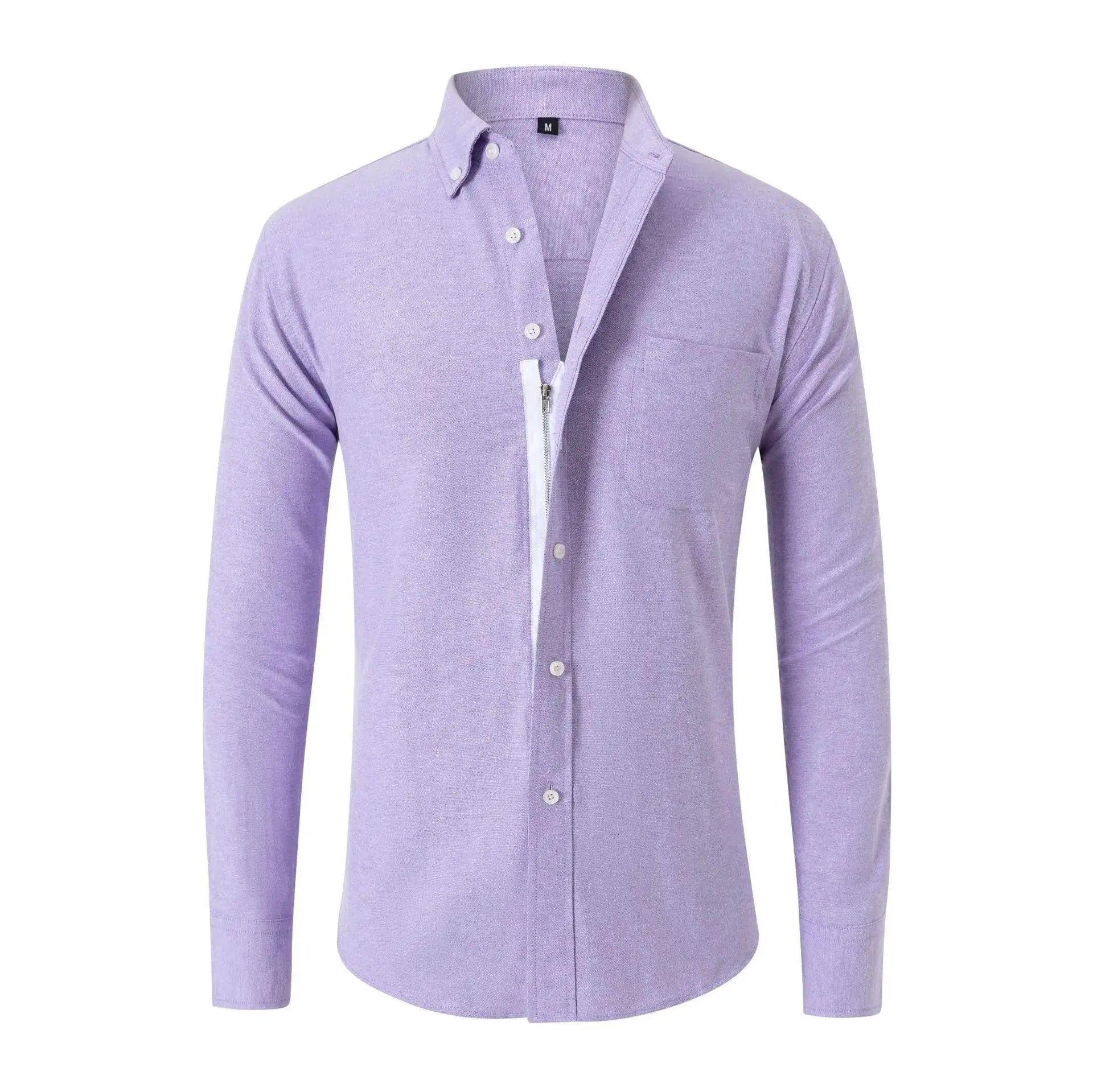 Mens Oxford Spun Shirt Zipper Long Sleeve Solid Color