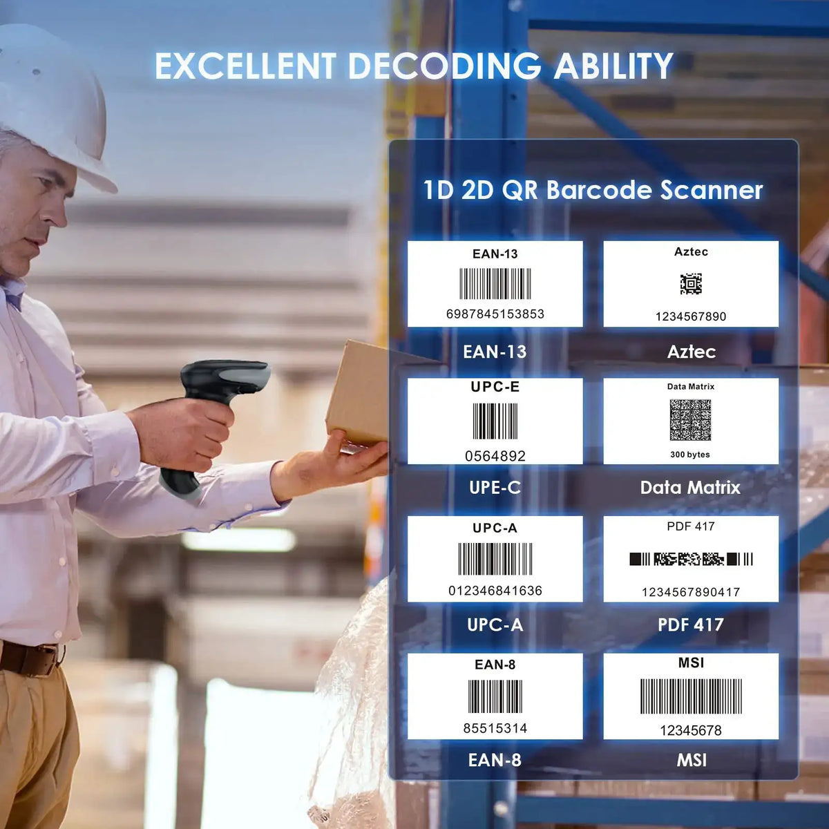 Eyoyo EY-034 2D Bluetooth Barcode Scanner Wireless, 2500mAh Handheld Cordless USB Wired QR Bar Code Reader for Library, Warehouse Inventory Compatible with iPad, Android Phone, iPhone, Laptop