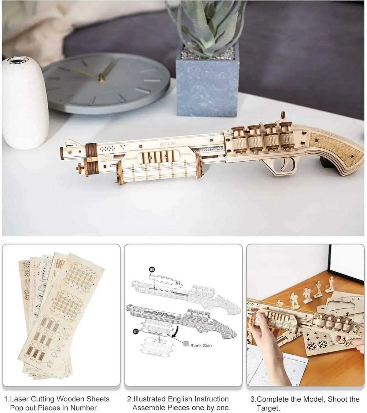 Robotime Wooden Model Kits Rubber Band Toy 3D Puzzle TERMINATOR M870 Mechanical Building Construction Wooden Jigsaw Sets for Adults