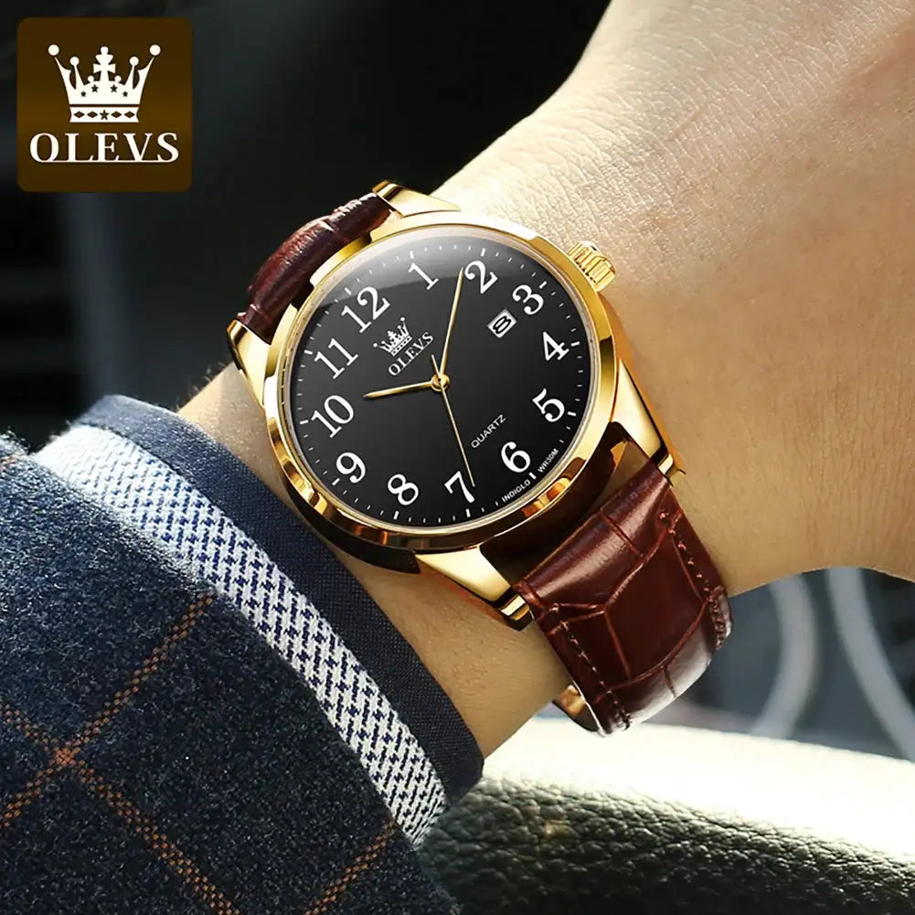 OLEVS 5566 Fashion Quartz Watch For Men Leather Strap Waterproof Original Watch Arabic Numeral Scale HD Calendar Window Watch