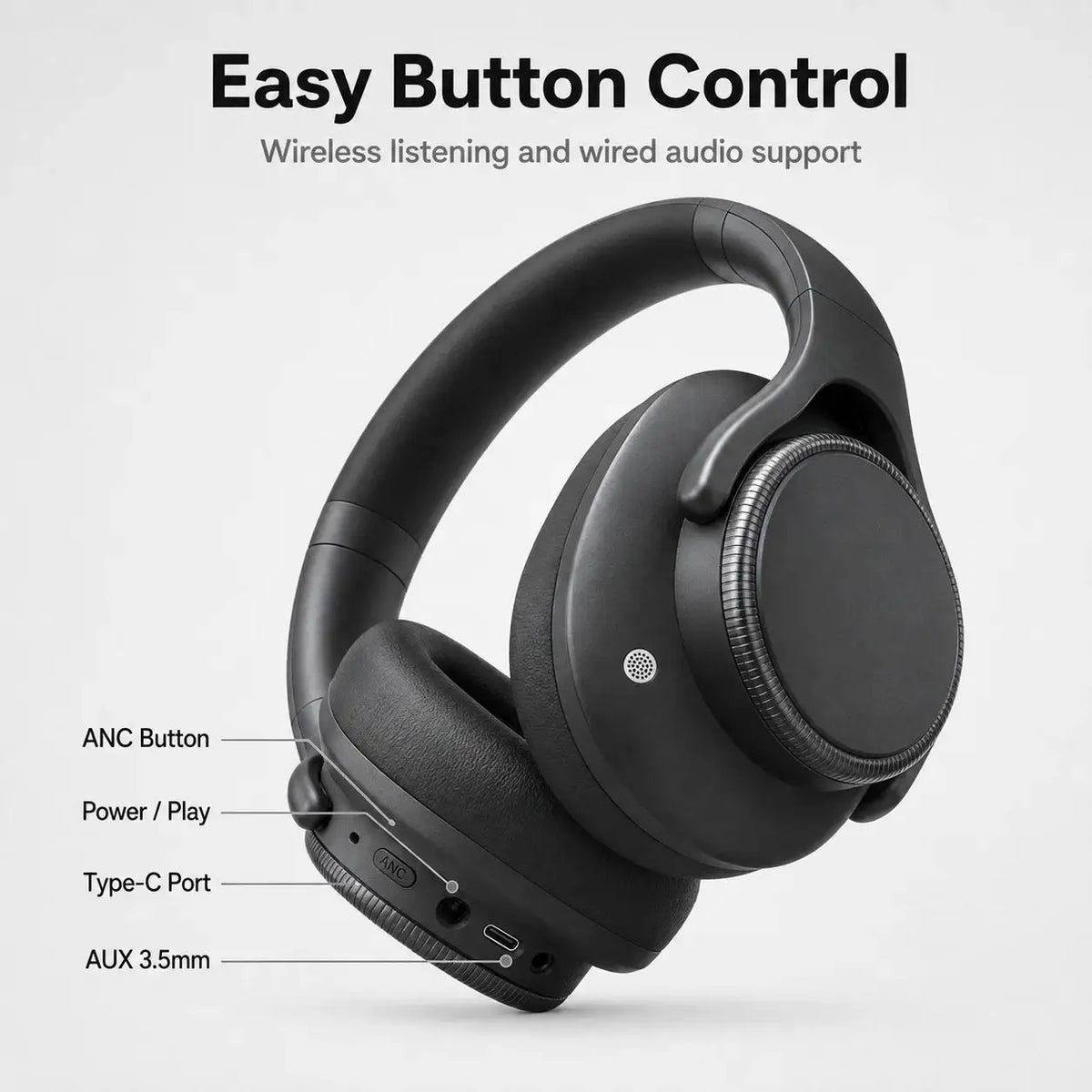ANC Headphones Bluetooth 6.0 Over-Ear Wireless Headset Rotary volume 40mm Driver 50H Playtime Type-C AUX 3.5mm Lightweight