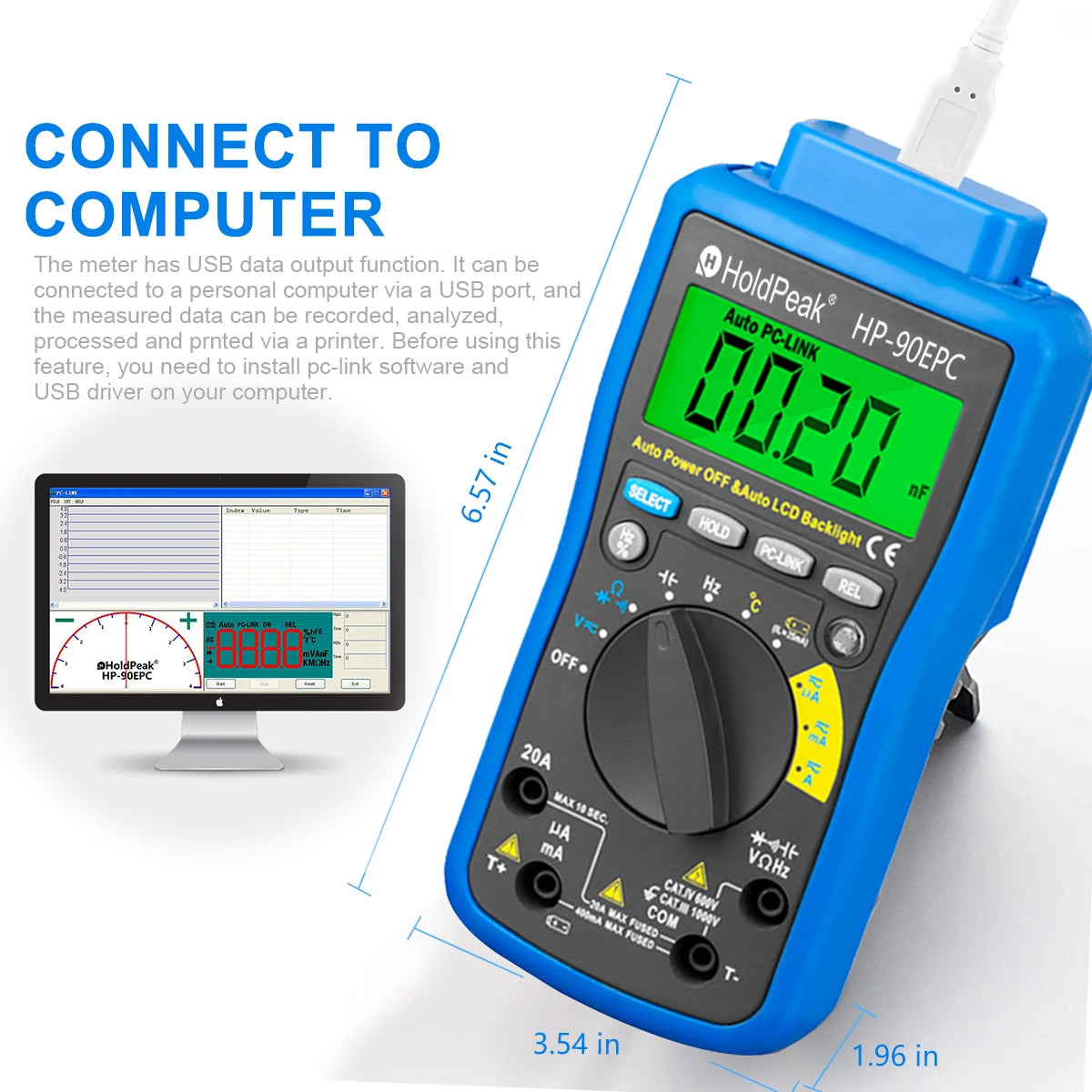 HoldPeak Multimetro Digital USB Multimeter AC/DC Voltage Current — product view 3