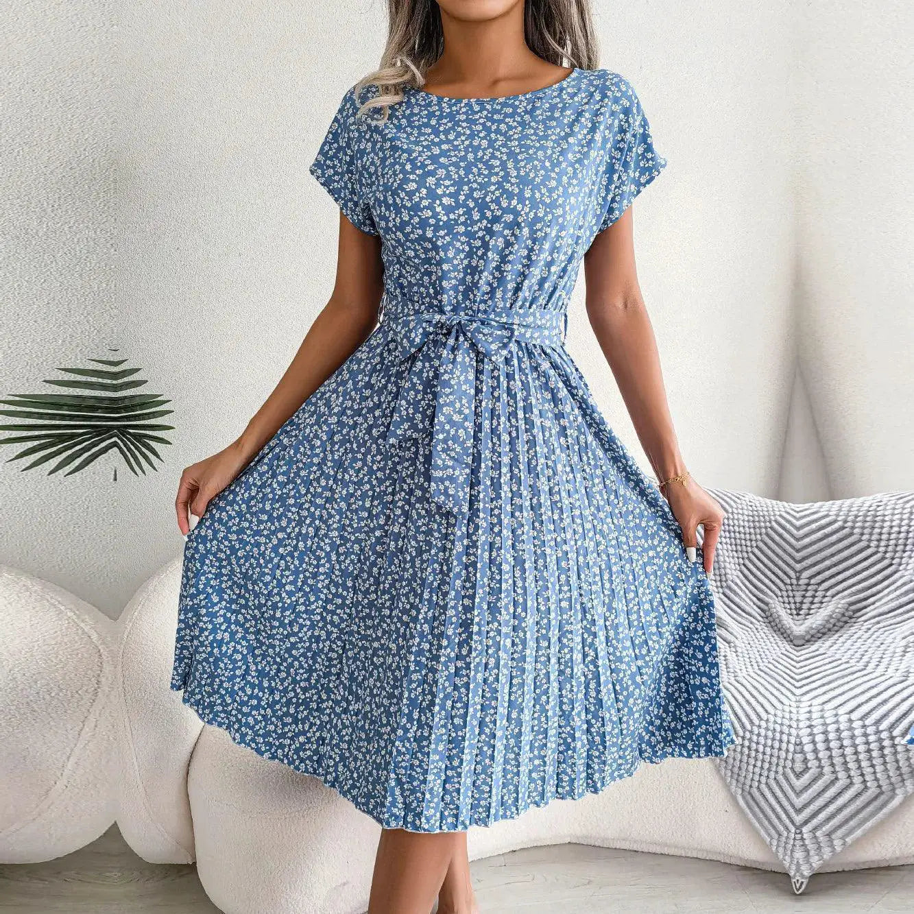Floral Pleated High Waist Dress Chic Womens Fashion Piece