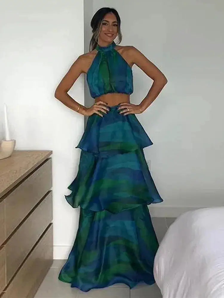 Bohemian Patchwork Ruffle Halter Dress For Summer Chic