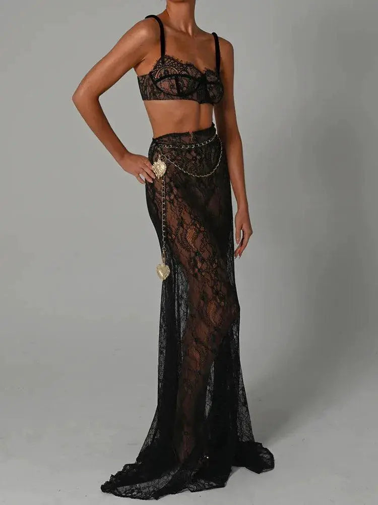 Mozision Lace Two Piece Skirt Set Elegant Party Beachwear