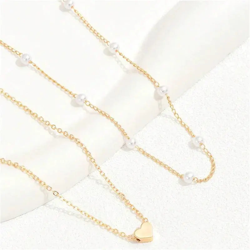 Double Layer Pearl Choker Necklace for Women Heart Pendant