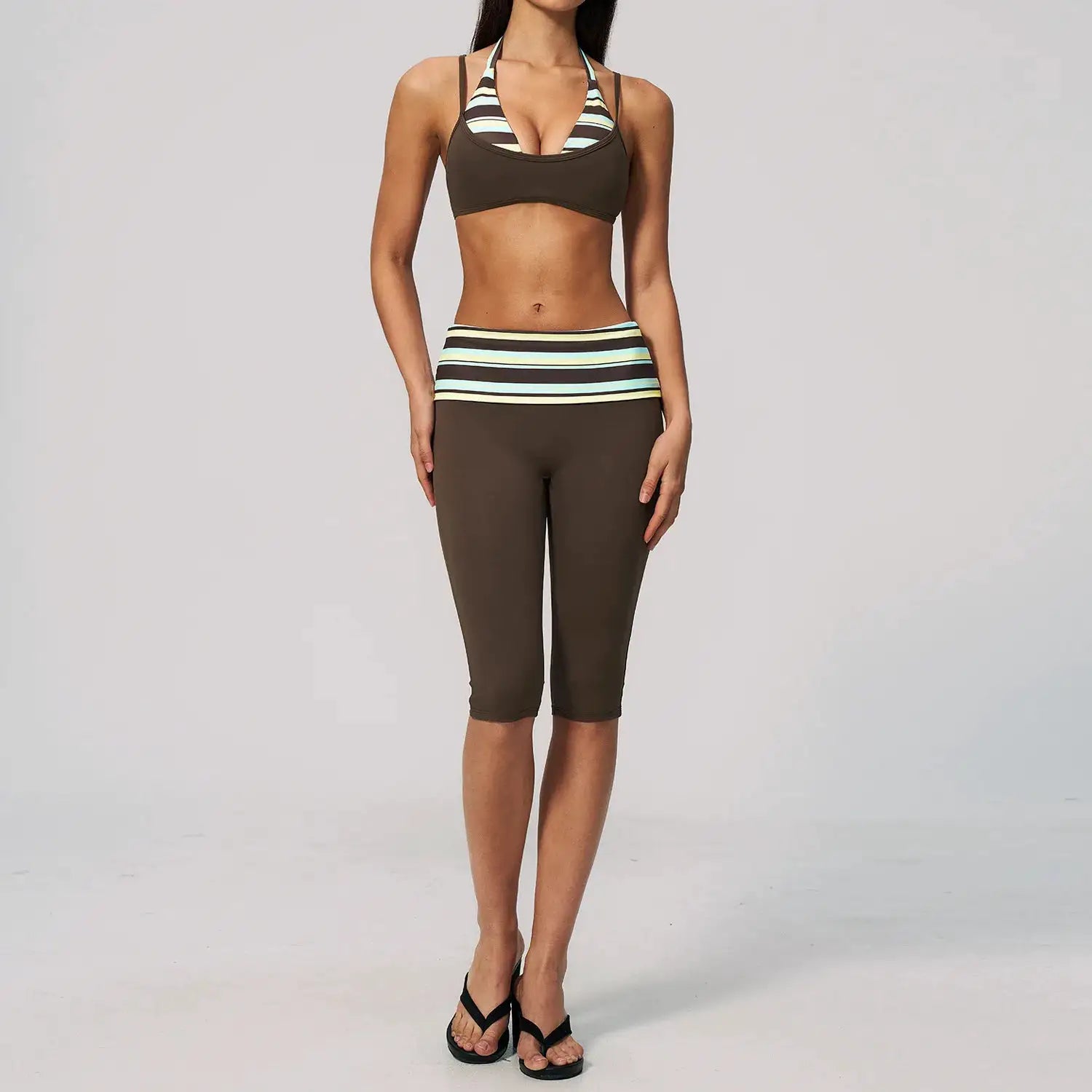Women 2Pcs Yoga Set Halter Sports Bra Fold Over Waist Capri Leggings Striped Polka Dot Fitness Running Workout Gym Activewear