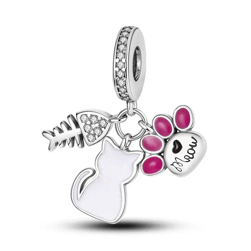 Silver Plated Charm Beads Pink Butterfly Flower For Jewelry