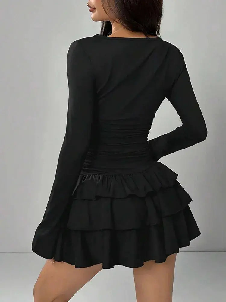 Autumn Winter Solid Color Slim Fit Cascading Ruffles Mini Dress Women Elegant Flare Sleeve High Waist Sexy Party Bodycon Dresses