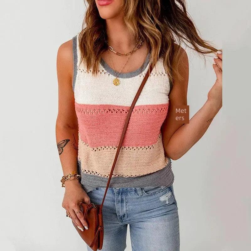 Womens Sleeveless Color Matching Casual Round Neck Vest