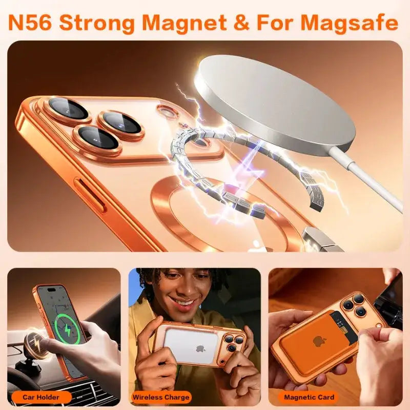 Fashion Orange Magnetic Clear Case For iPhone Air 18 17 16 15 14 13 12 11 Pro Max Plus Wireless Charge Plating Soft Cover