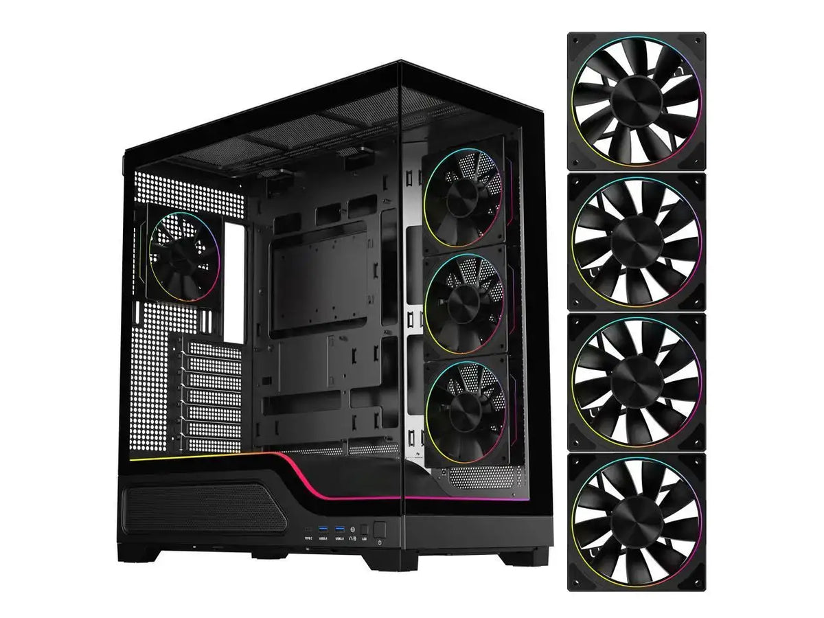 DIYPC IDX5-BK-ARGB Black Dual USB3.0/Type C Tempered Glass ATX Gaming Computer Case w/ Frameless Dual Tempered Glass Panel and 4 x ARGB PWM Ring Fans and Integrated ARGB Lighting Bar (Pre-Installed)