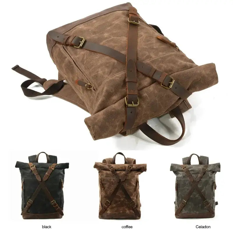 Men Waxed Canvas Backpacks Daypack Large Capacity Laptop Leather College Travel Vintage Weekend Waterproof Anti-theft Rucksack