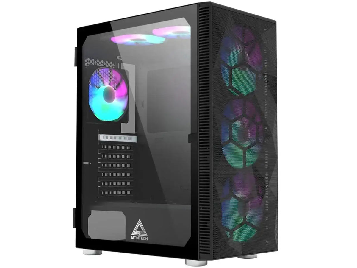 Montech X3 Mesh, 3 x 140mm& 3 x 120mm Fixed RGB Lighting Fans (Pre-Installed) ATX Mid-Tower PC Gaming Case, USB3.0, Door Open Tempered Glass Side Panel, High Ai
