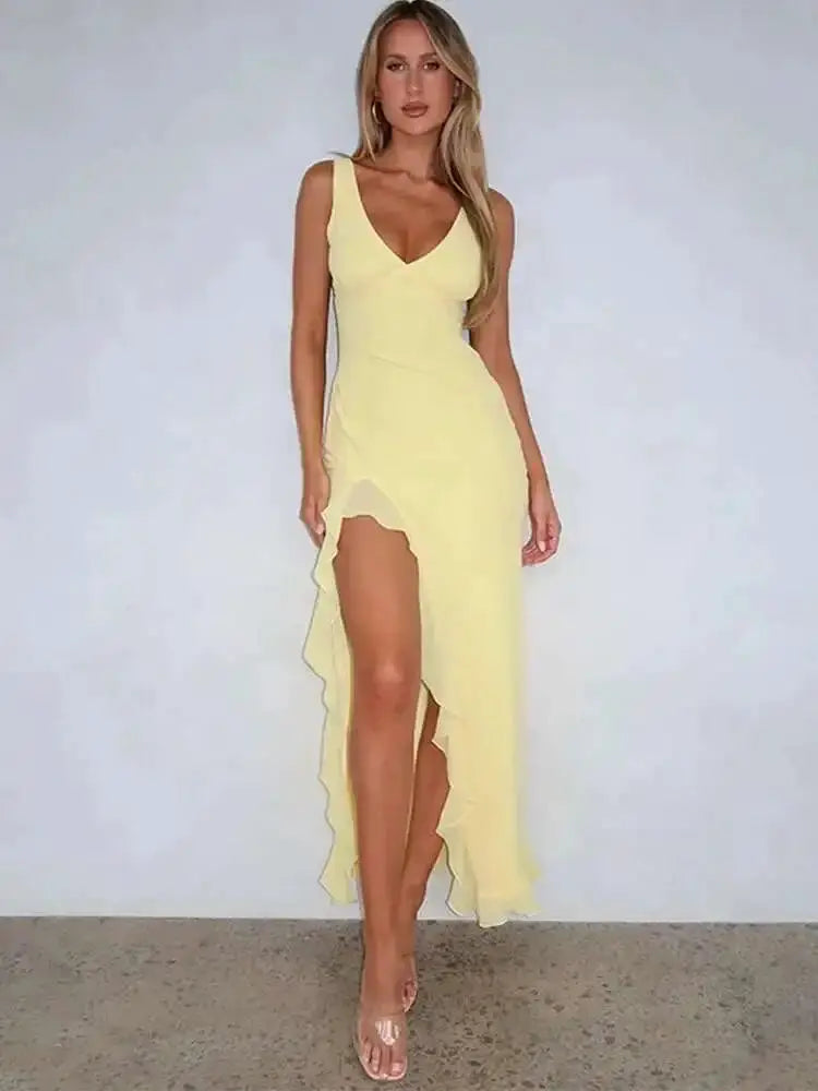 Avrilyaan Ruffle High Split Sexy Dress Women 2024 Robes Elegant Evening Summer Dress Backless Party Long Midi Dress Vestidos