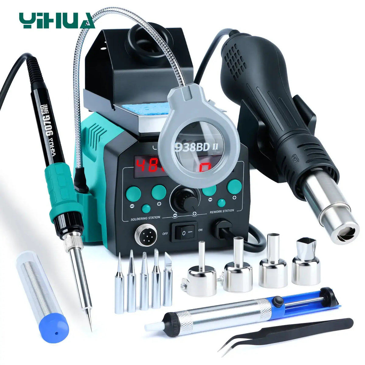 YIHUA 938BD-II 740W Hot Air Gun BGA Rework Station SMD Soldering Iron Desoldering Station LED Lamp Digtal Display Welding Tool