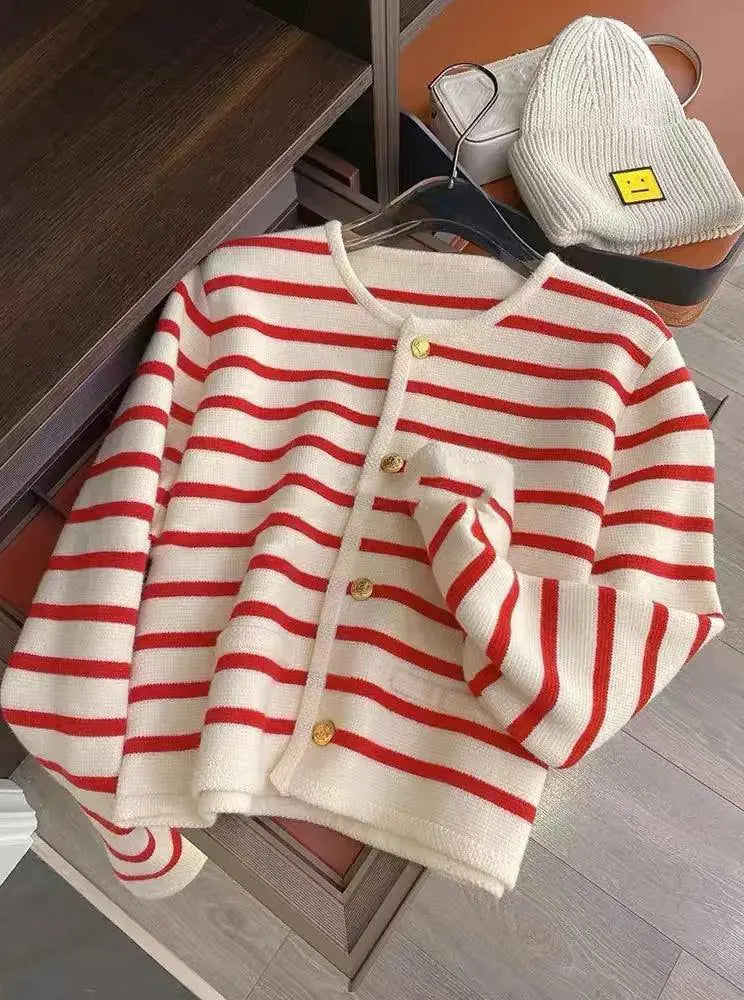 Striped Knit Cardigan For Women Stylish O Neck Sweater
