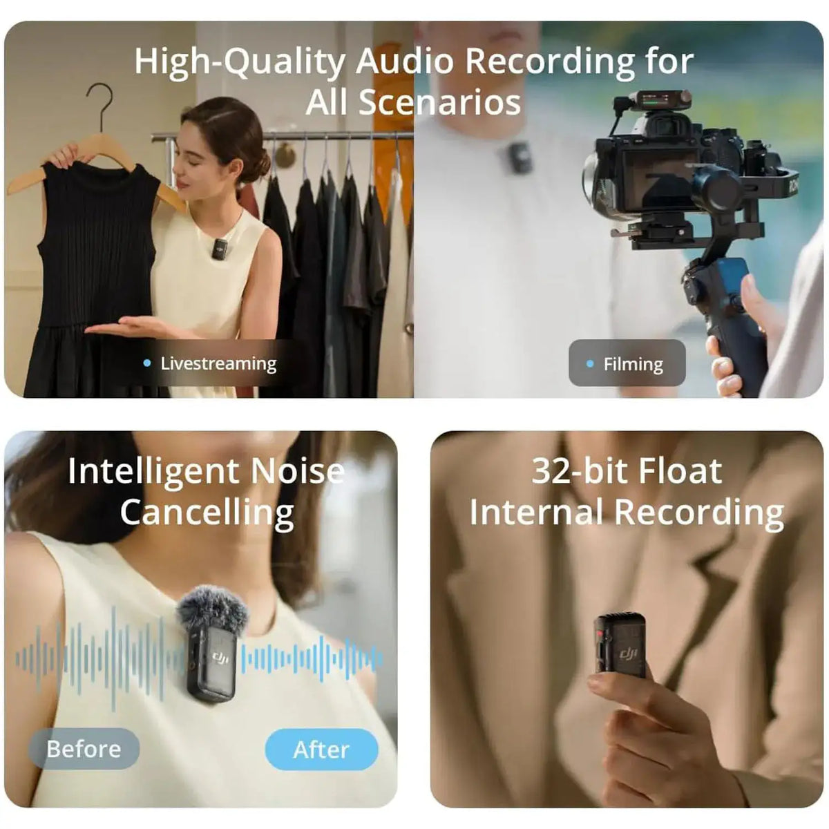 DJI Mic 2 (2 TX + 1 RX + Charging Case), All-in-one Wireless Microphone, Intelligent Noise Cancelling, 32-bit Float Internal Recording, 250m (820 ft.) Range, Microphone for iPhone, Android, Camera