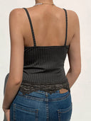 Gothic Bodycon Camis Crop Top Women Grunge Punk Backless Ribbed Lace Trim Summer
