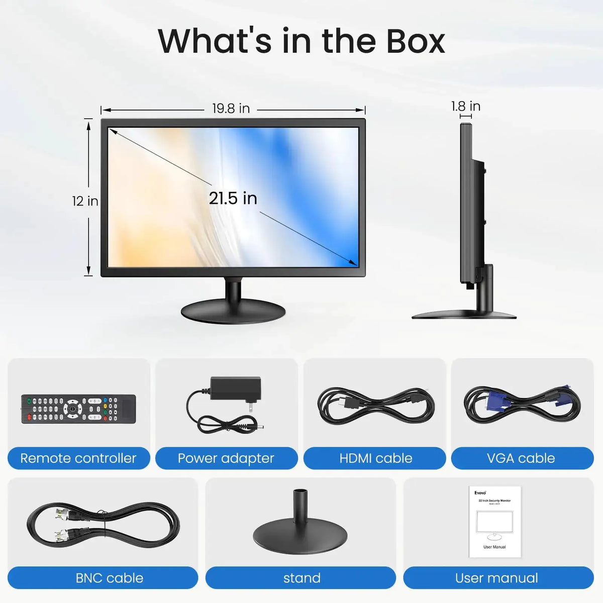 Eyoyo 21.5 Inch Desktop Monitor 1920*1080 FHD 75Hz IPS Display HDMI VGA BNC AV USB Inputs VESA Wall Mount Eye Protection Computer Screen For Office Home Surveillance