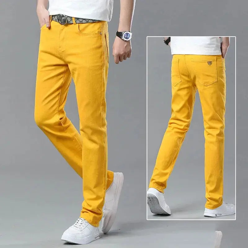 Korean Men Denim Jeans Casual Fashion Pants Red Yellow Pink