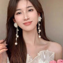Imitation Pearl Flower Fringe Long Dangle Earrings For Women Party Jewelry
