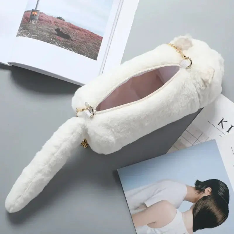 Women Cat Plush Shoulder Bag Corduroy Satin Fur Messenger