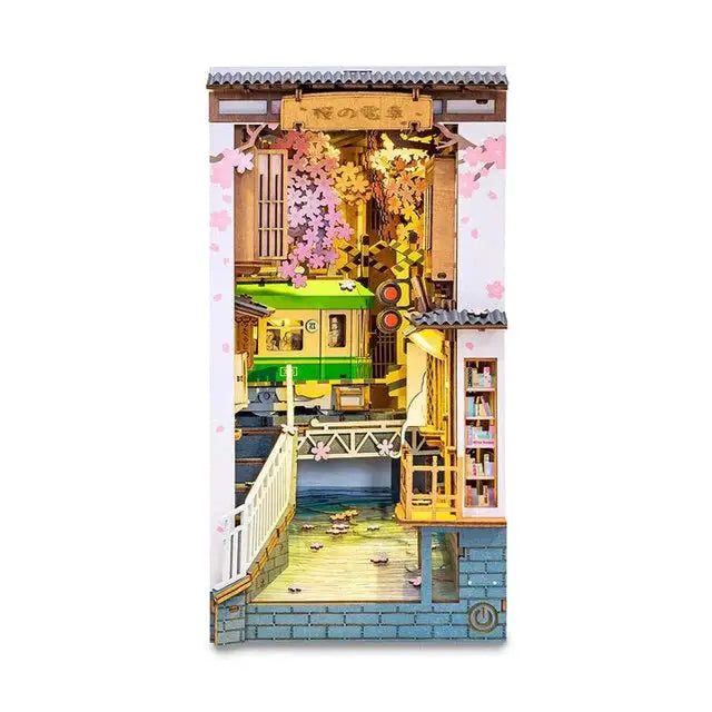 Robotime Sakura Densya Japan Book Nook Kit Glue-Free DIY Miniature House Model Kits 3D Wooden Puzzle Dust Cover Bookshelf Decoration Gift