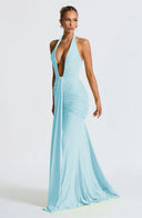 Mozision Deep V Neck Draped Maxi Dresses for Women Halter Backless Club Elegance