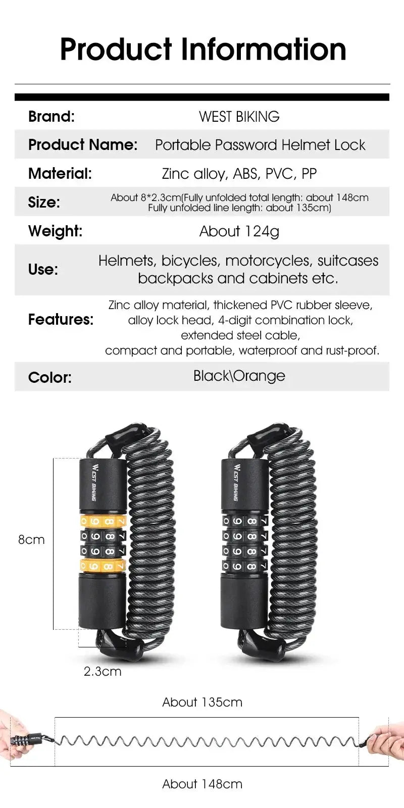 West Biking Portable Anti Theft Combination Lock For Bikes