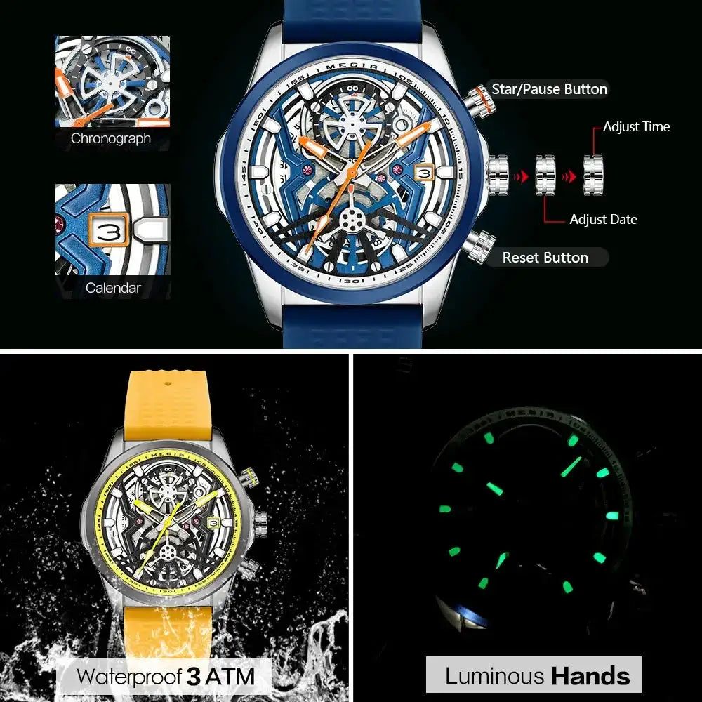 Megir Chronograph Watch For Men Yellow Silicone Strap - OurLum.com