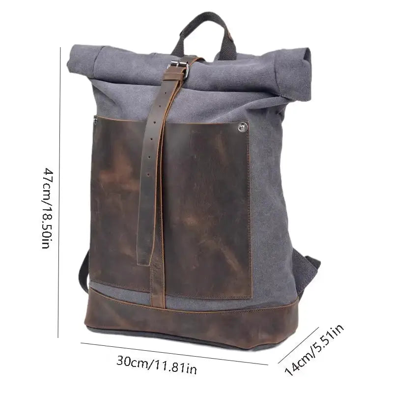 New vintage Wash Canvas Men's Backpack Waterproof Large Capacity Roll Top Expansion Backpack Men's Outdoor Hiking Bag
