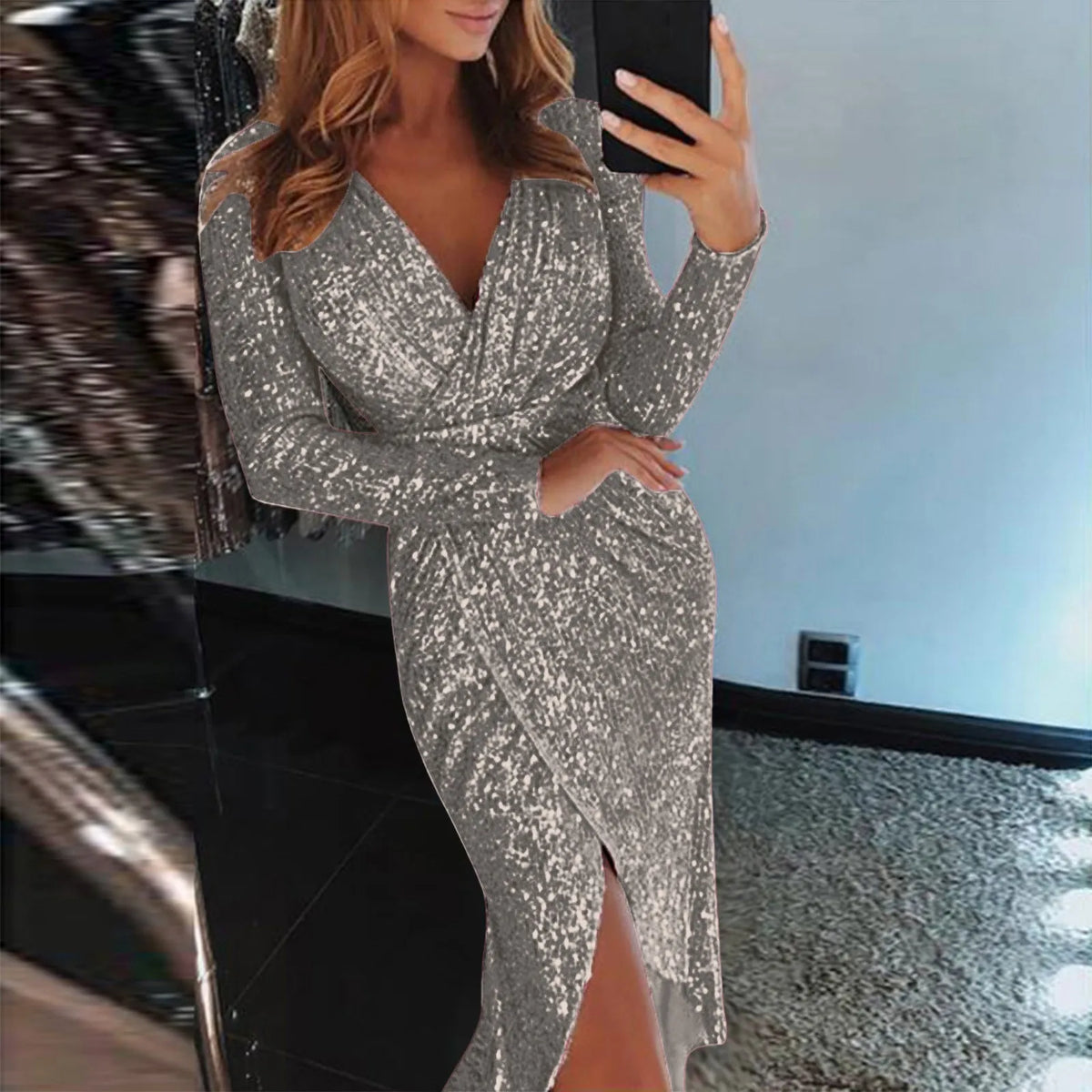 Metallic Print Long Sleeve Dress