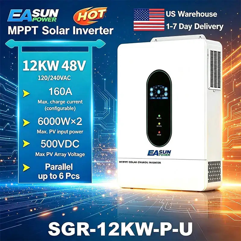 EASUN POWER 12KW 12000W Hybrid Soalr Inverter MPPT160A 500VDC PV Input 110VAC 48VDC Pure Sine Wave hybrid dual output 120V/220V parallel solar charging control for US