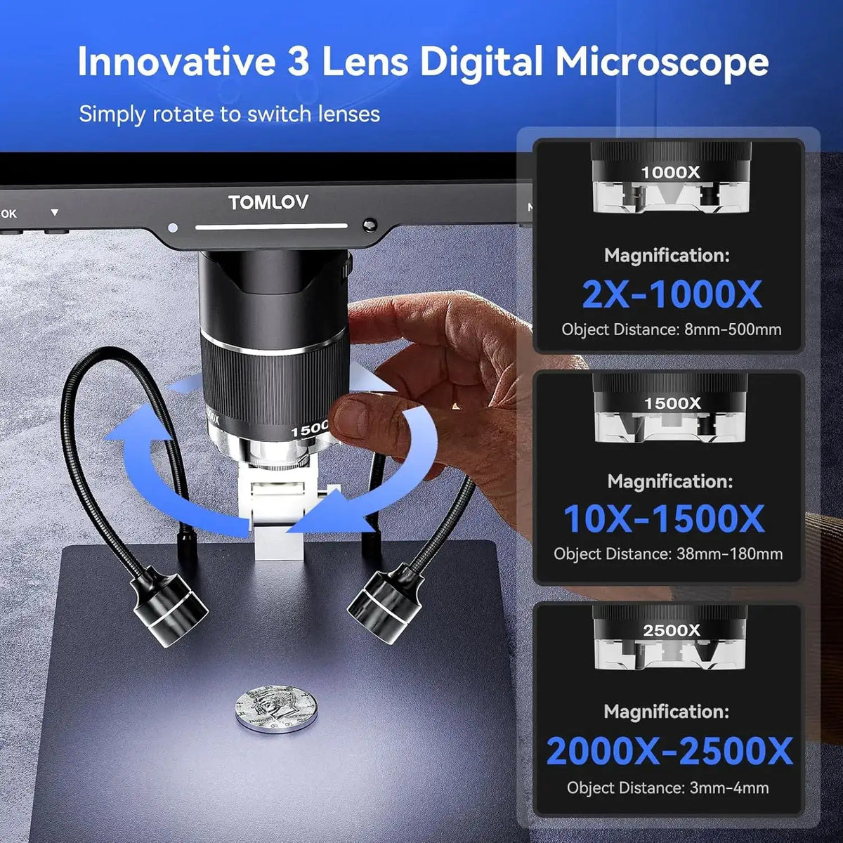 TOMLOV TriL110 3-Lens 2K Digital Microscope 2500X HDMI Coin Microscopes Magnifier 10.1" IPS Screen for Coins Soldering Tools