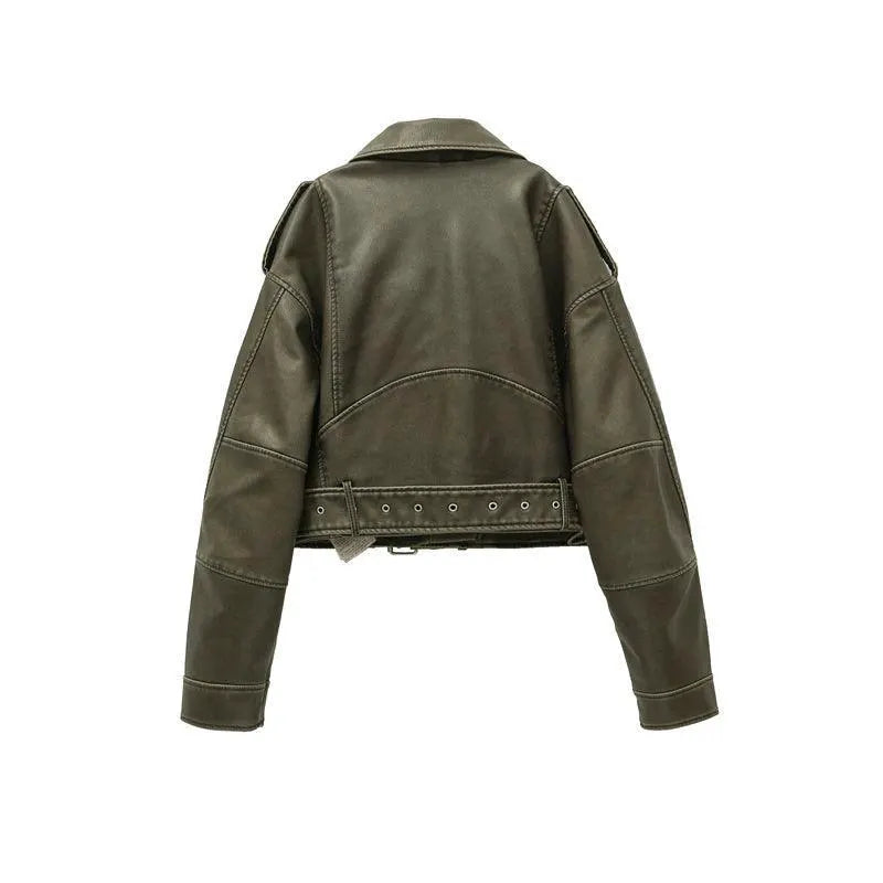 Vintage Faux Leather Moto Jacket for Women Retro Coat