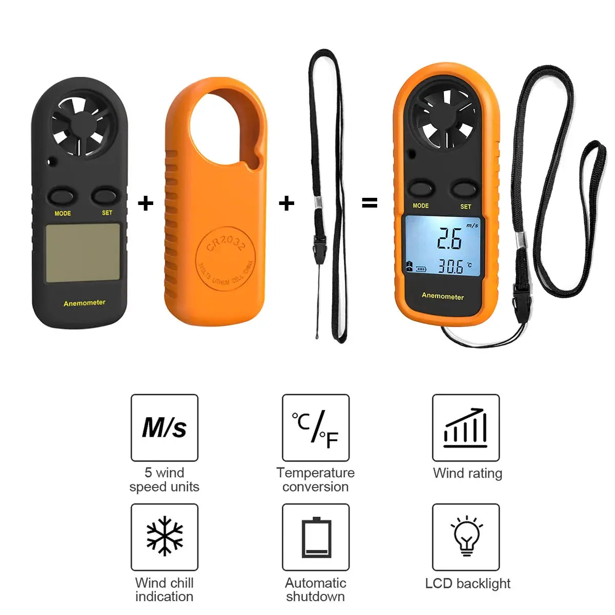 Digital Anemometer 0-30m/s Wind Speed Meter Mini Air Velocity Airflow -10°C ~ 45°C Temperature Tester with LCD Backlight Lanyard