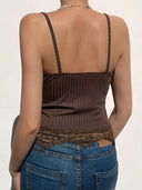 Gothic Bodycon Camis Crop Top Women Grunge Punk Backless Ribbed Lace Trim Summer
