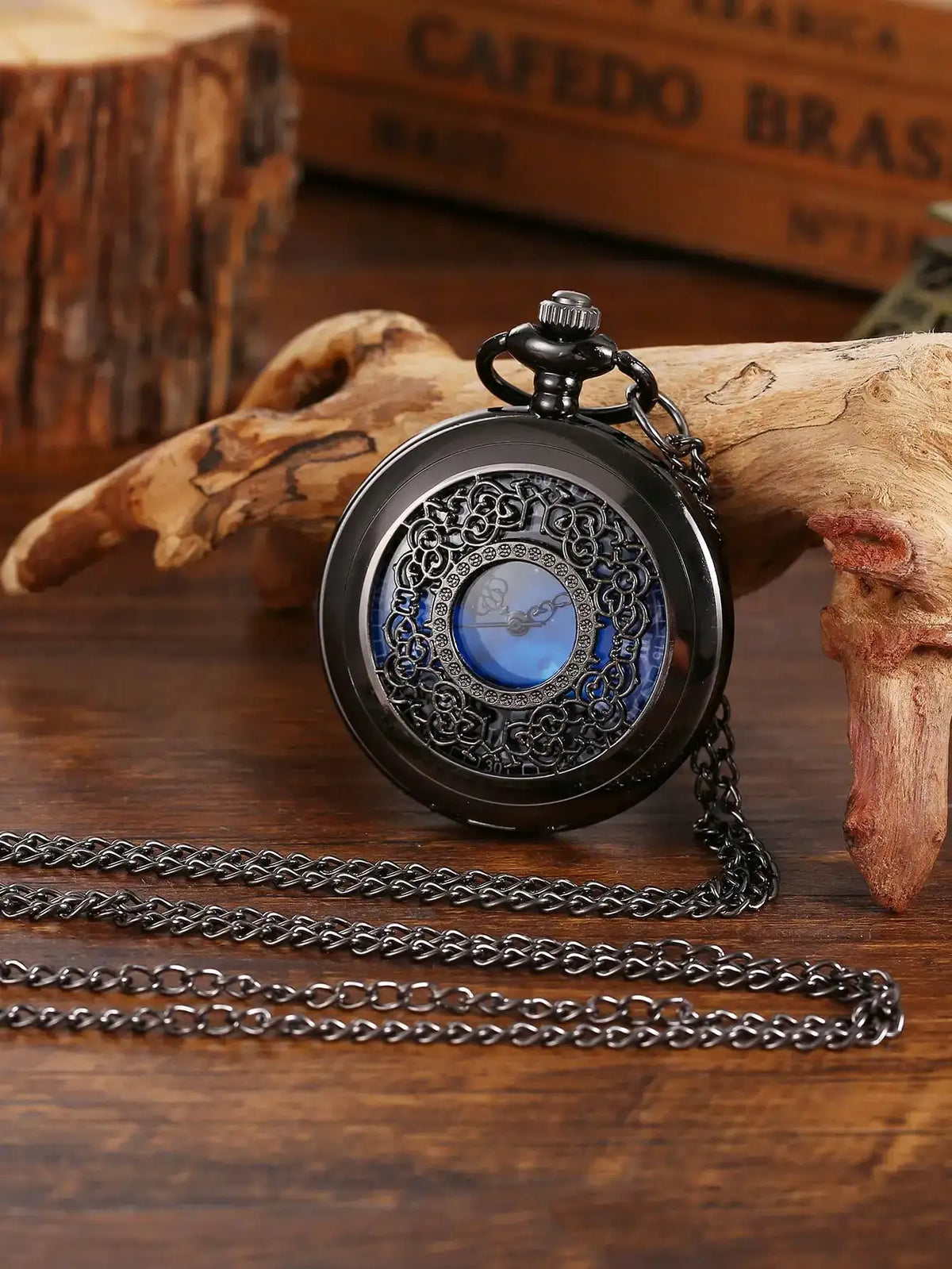 Starry Sky Blue Dial Pendant Bronze Hollow Quartz Pocket Watch, Vintage Wrist Watch With Roman Numerals