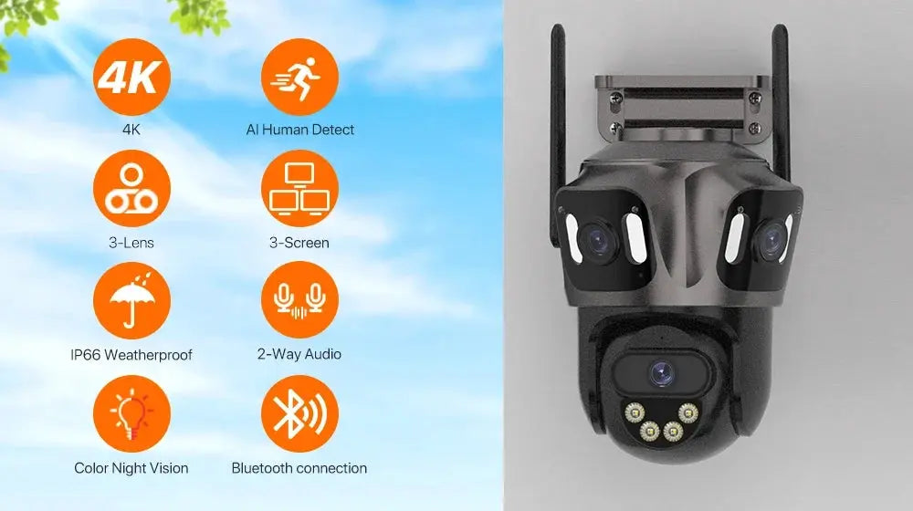 Three Screen WiFi IP Camera - 4K Dual Lens PTZ With AI Detection IP66 Waterproof by stepyours.com