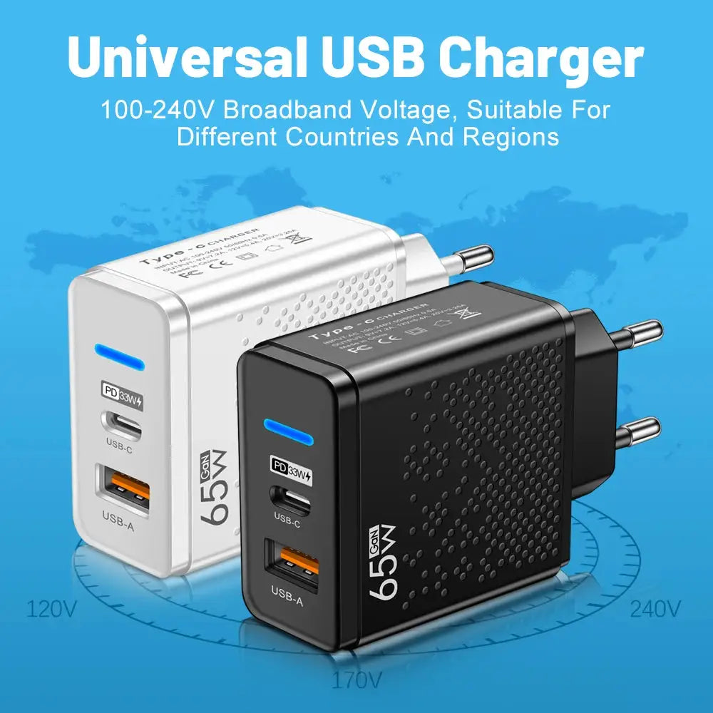 65W GaN USB C Charger 2 Ports Fast Charging EU/US/UK/KR Plug Wall Charger For iPhone Samsung Xiaomi Huawei Phone Charger Adapter