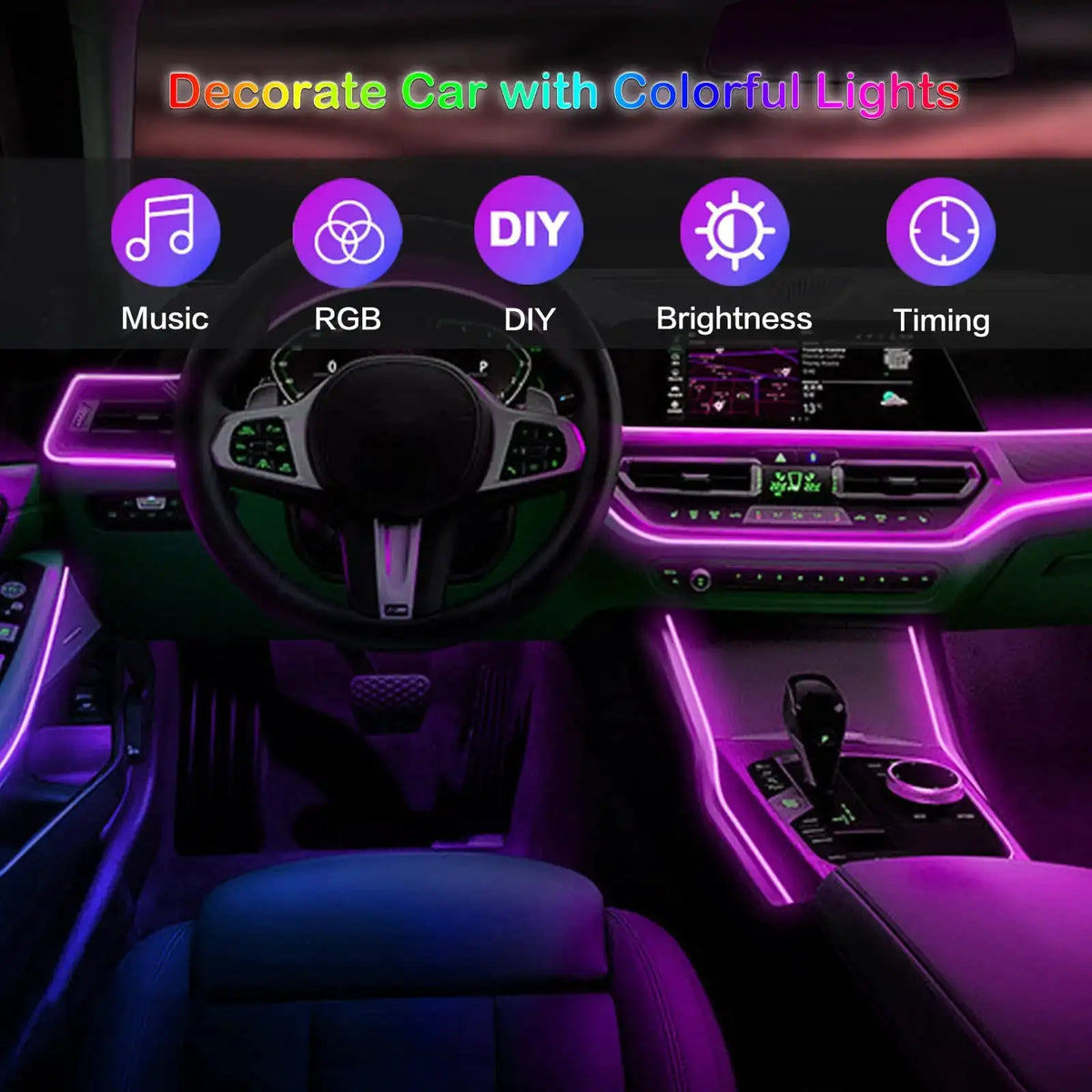 LED Car Interior Ambient Strip Lights RGB Fiber Optic Atmosphere Neon Lighting Kit W/ APP Remote Control Auto Decorative Lamps