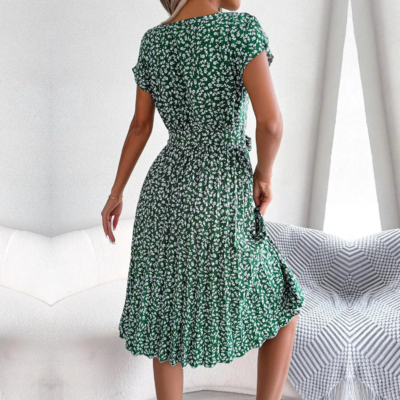 Floral Pleated High Waist Dress Chic Womens Fashion Piece