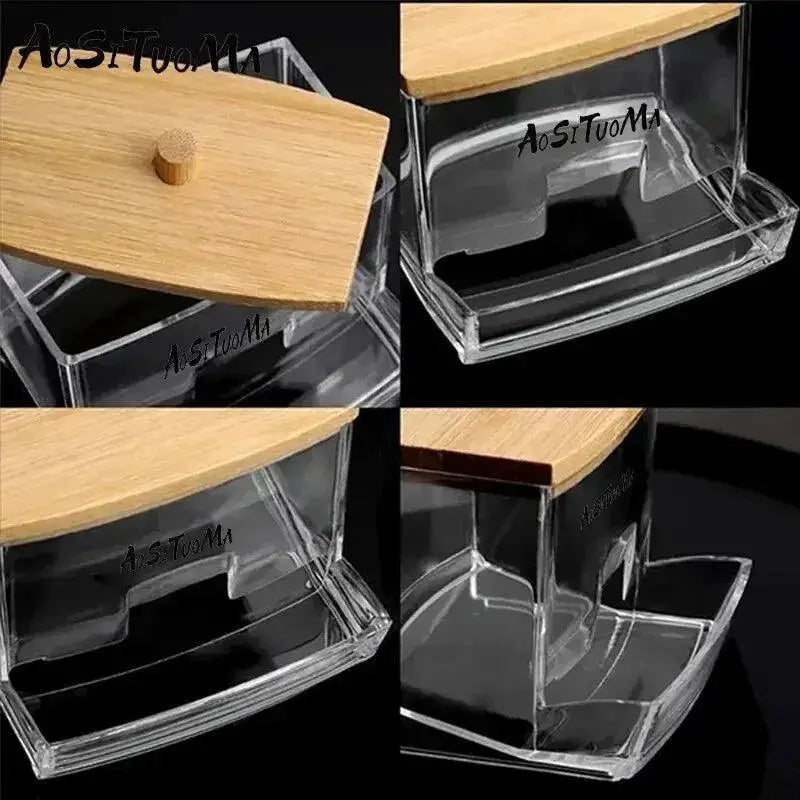 Wooden Lid Cotton Swab Holder Elegant Bathroom Organizer