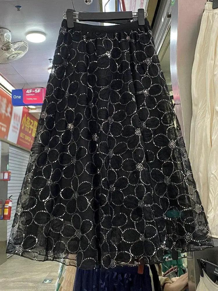 French Lace Flowers Tulle Skirt Sequin A Line Midi Long