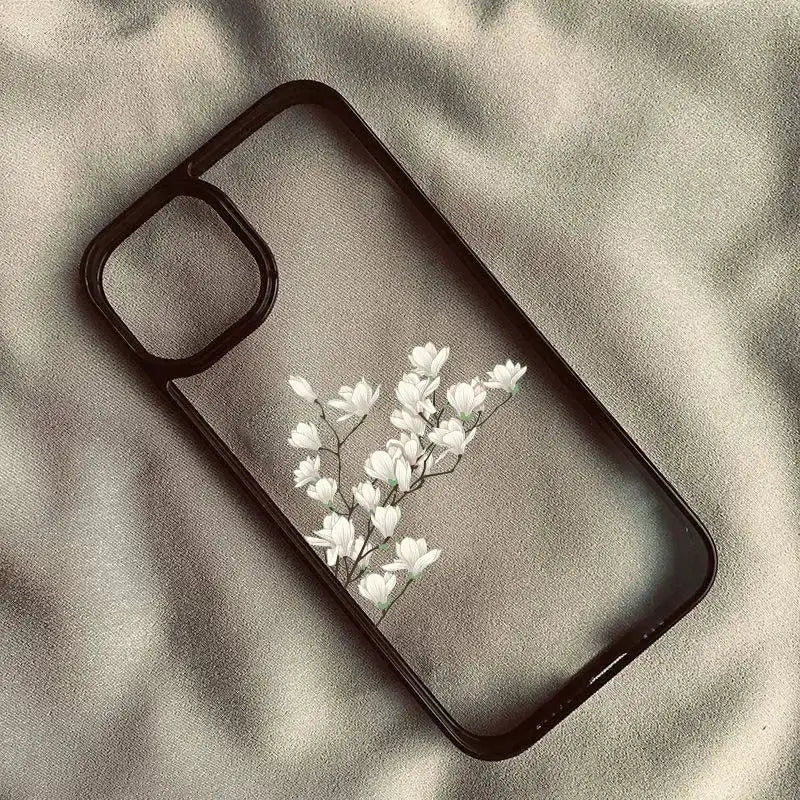 White Magnolia Flower Phone Case For iPhone 14 Pro 15 13 12Mini 11 18 Pro Max 16 17 Air Plum Blossom Shockproof Clear Hard Cover
