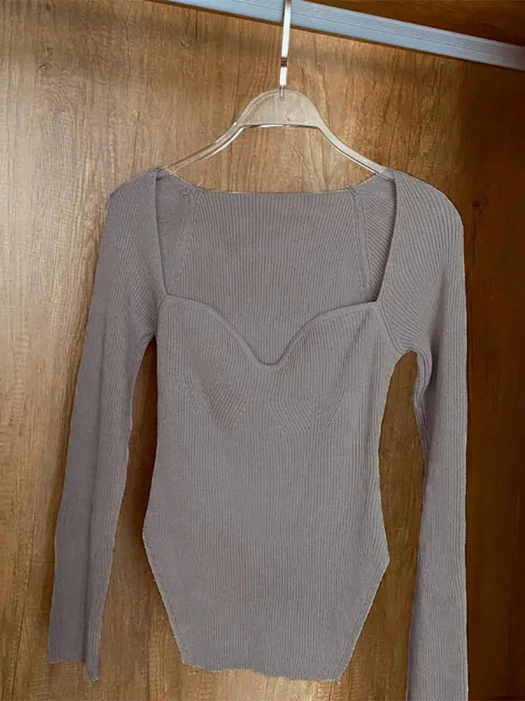 Square Neck Knit Sweater For Women Fall Winter Jumper